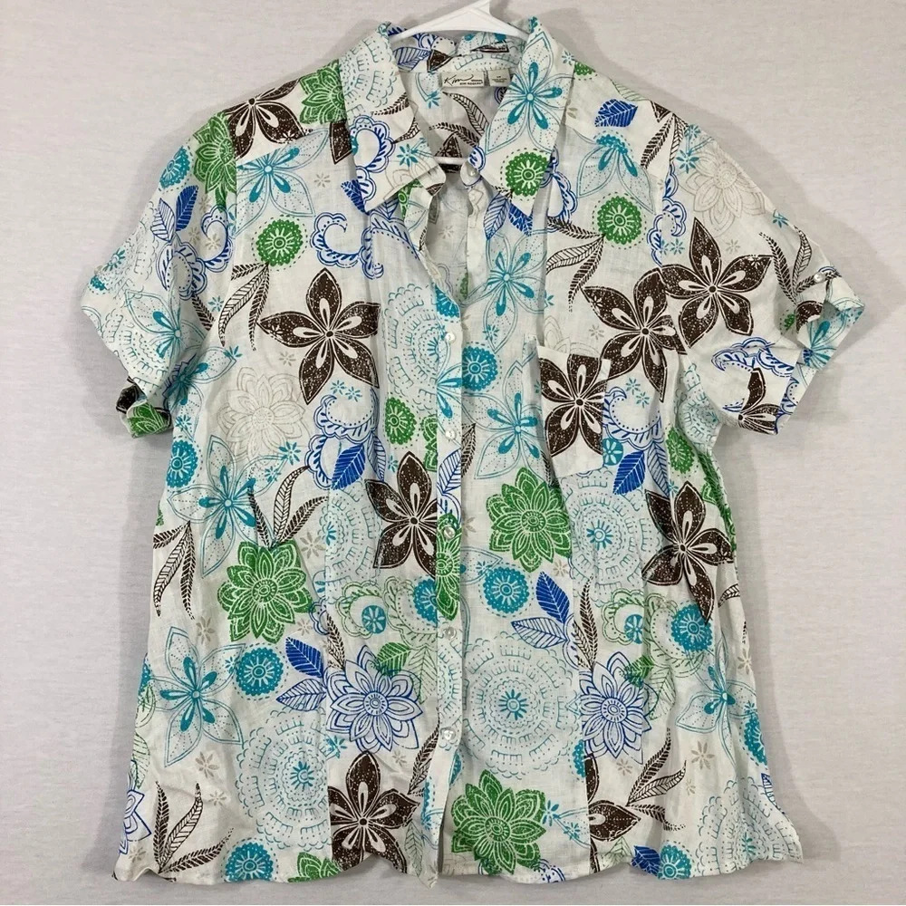 Kim Rogers Floral 100% Linen Short Sleeve Button Down 1X‎